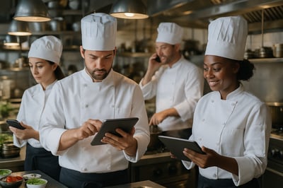 Restaurant staff using technology in a busy kitchen Restaurant staff using technology in a busy kitchen