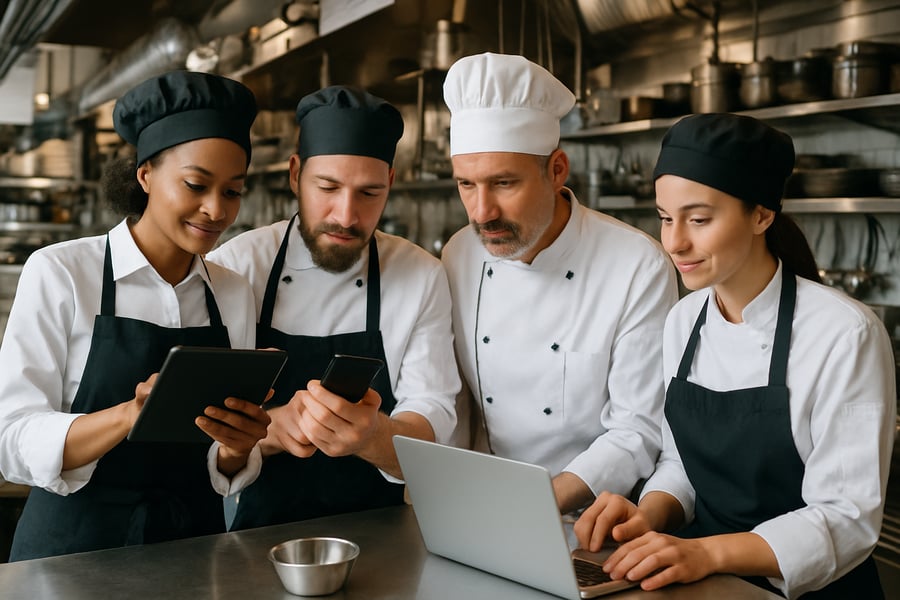 Restaurant team using technology solutions in a busy kitchen Restaurant team using technology solutions in a busy kitchen
